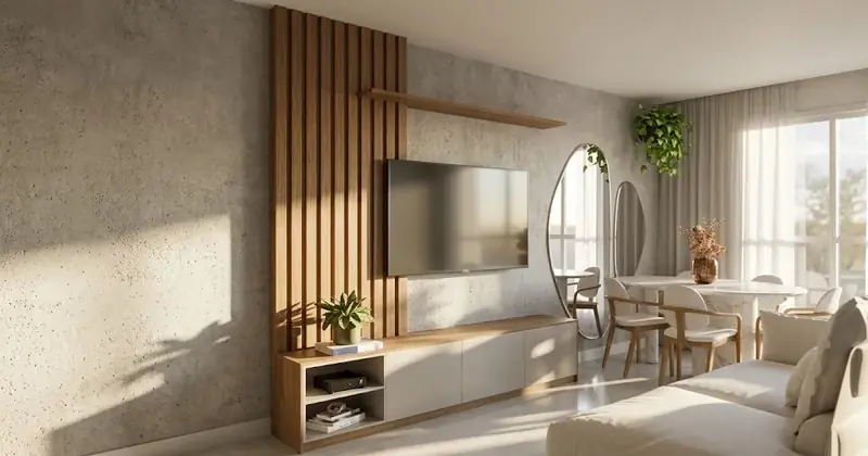 Sala ilustrativa do Combo Casa Completa com home de TV e painel ripado